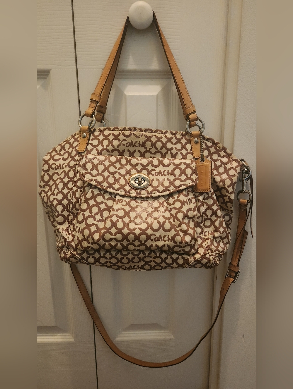 Coach Monogram Shoulder Bag in Brown and Cream Vintage